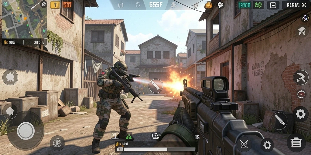 Tampilan seru aksi gameplay FPS dalam 555F.