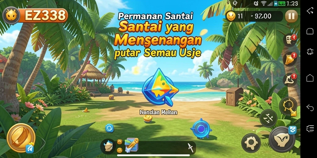Screenshot menunjukkan gameplay EZ338 dengan grafis colorful dan karakter lucu.