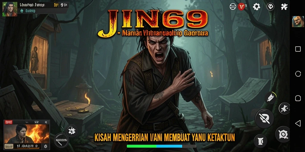Screenshot utama JIN69 menampilkan gameplay menakutkan dengan karakter menghadapi kegelapan.