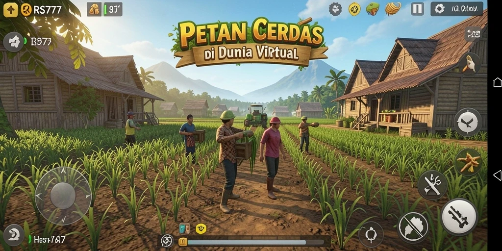 Screenshot utama RS777 menunjukkan petani yang tengah memanen tanaman dengan latar ladang yang subur.